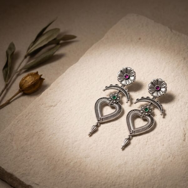Sacred Heart Drop Earrings | Premium Silver Replica Antique Finish Festive Jewellery