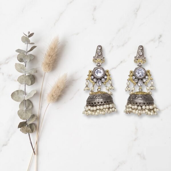 Palace Core Pearl Jhumkas | Premium Silver Replica Antique Finish Festive Jewellery