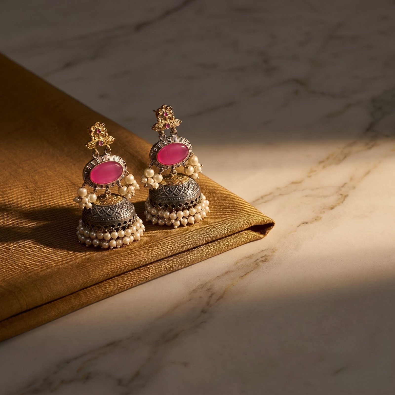 Blushing Mahal Jhumkas | Premium Silver Replica Dual Tone Festive Jewellery