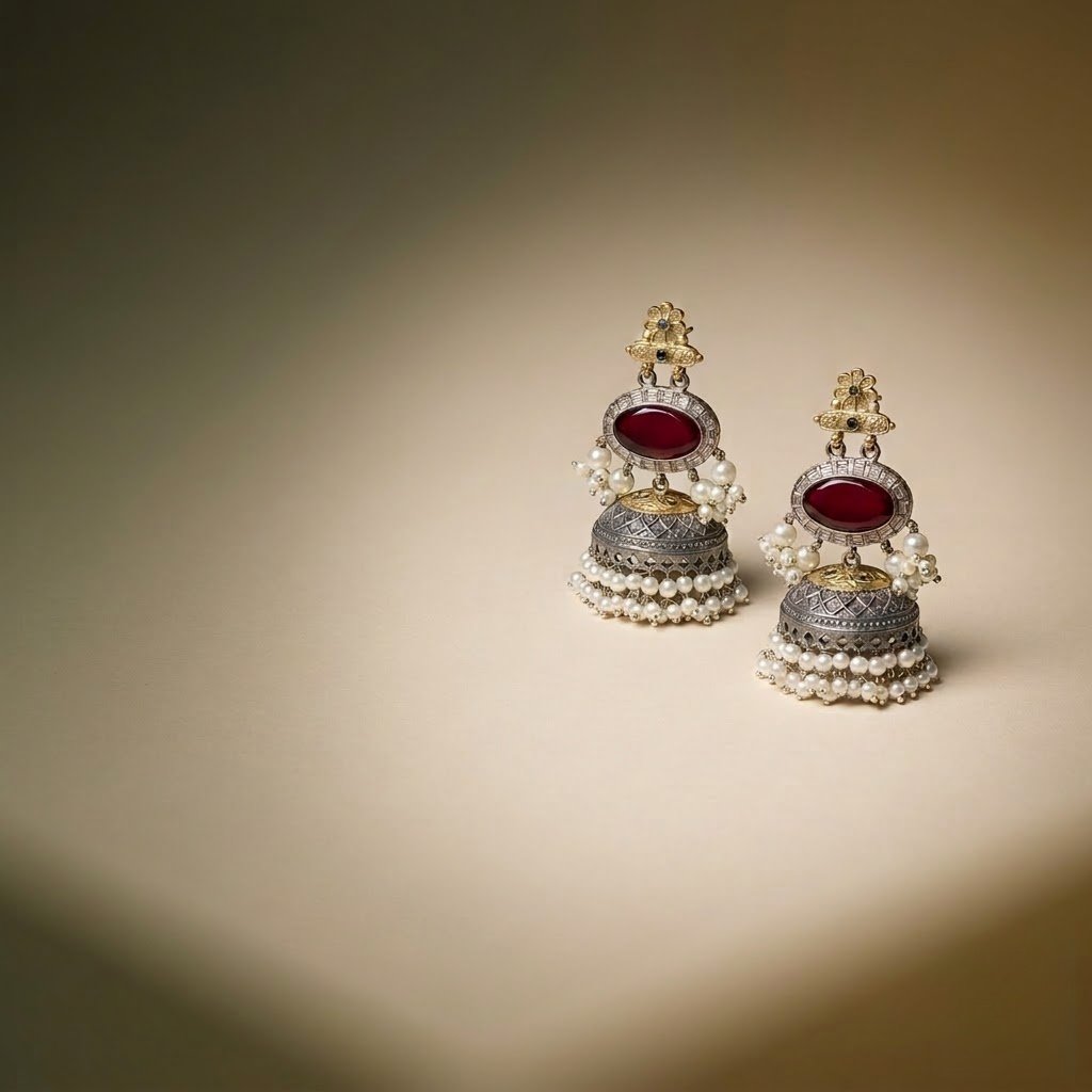 Blushing Mahal Jhumkas | Premium Silver Replica Dual Tone Festive Jewellery