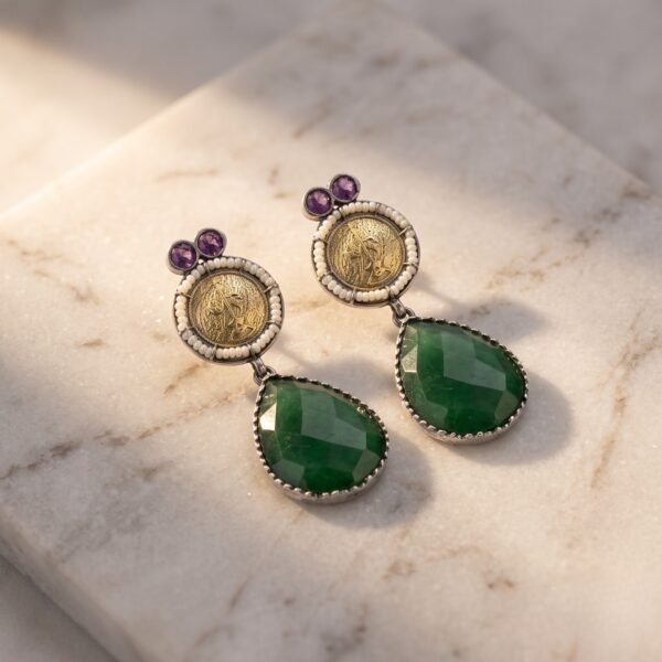 Emerald Oasis Drop Earrings | Premium Silver Replica Vintage Coin Jewellery