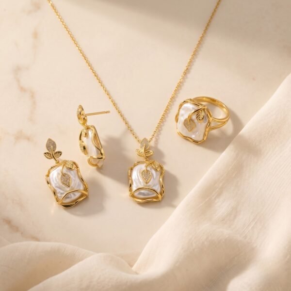 Golden Aura Baroque Pearl Set | Premium Pearl Pendant, Earrings & Ring Set