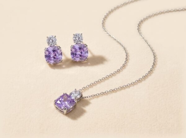 Fairycore Romantic Double Stone Purple Drop Set | Silver Finish