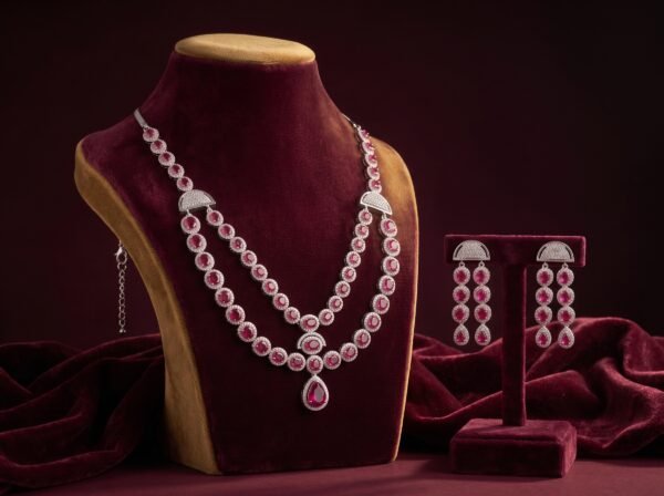 Ruby Pink Necklace Set with Matching Earrings | Silver Finish