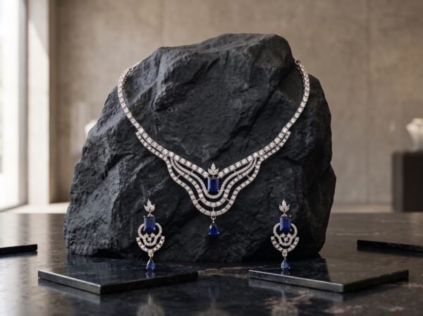 Sapphire Blue CZ Statement Necklace Set with Matching Earrings | Silver Finish
