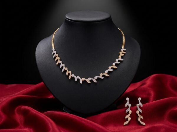 CZ Wave Necklace Set with Matching Earrings | Dual-Tone