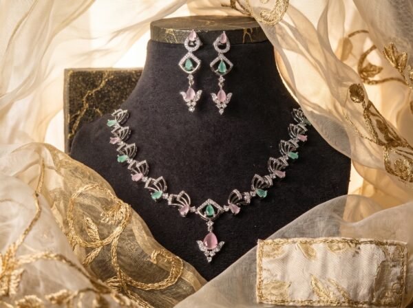 Floral Pink CZ Necklace Set with Earrings | Silver Finish Jewellery